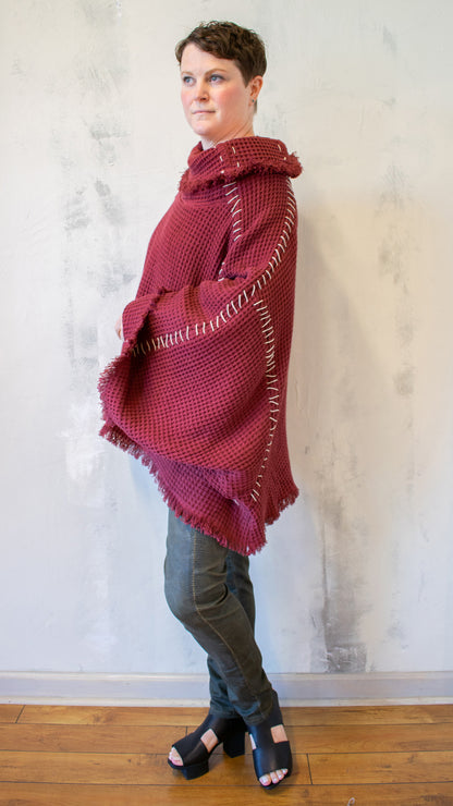 Blanket Stitch Waffle Pullover in Berry