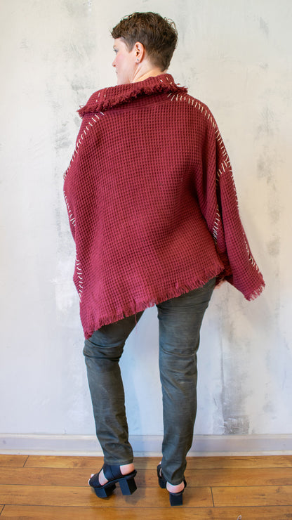 Blanket Stitch Waffle Pullover in Berry