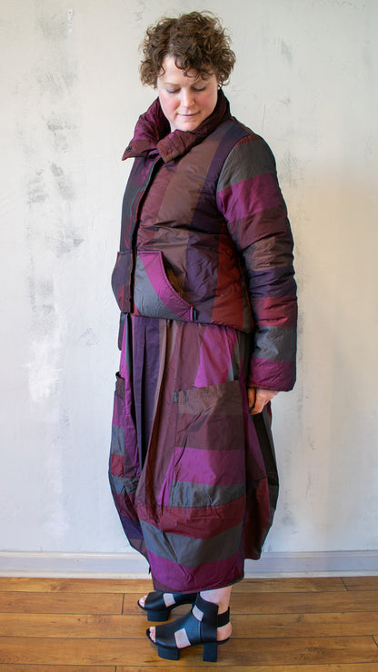 Stripe Puffer Jacket in Dark Scarlet