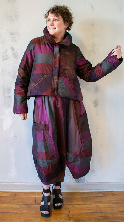 Stripe Puffer Jacket in Dark Scarlet