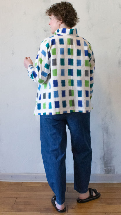 Banded Collar Shirt in Blue Squares