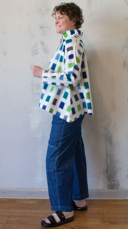 Banded Collar Shirt in Blue Squares