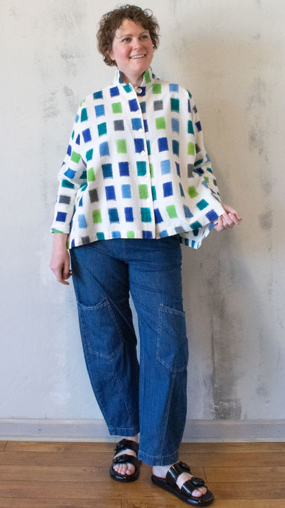 Banded Collar Shirt in Blue Squares