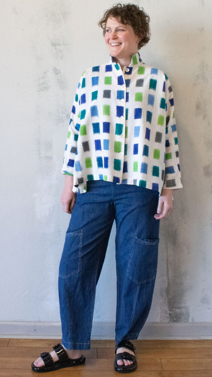 Banded Collar Shirt in Blue Squares