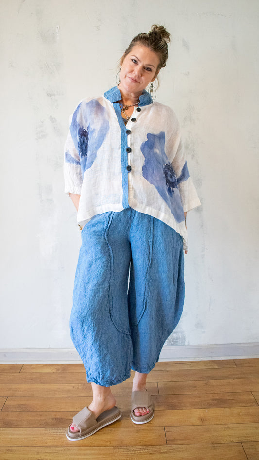 Blue Bloom Linen Crop Shirt