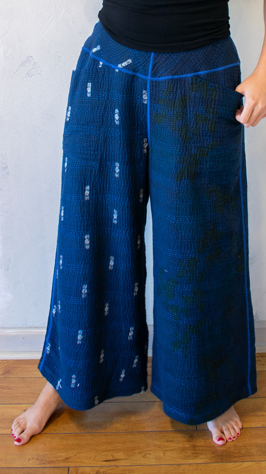 OP4665-CNVYM OMBRE PATCHED KANTHA MID RISE WIDE LEG PANTS