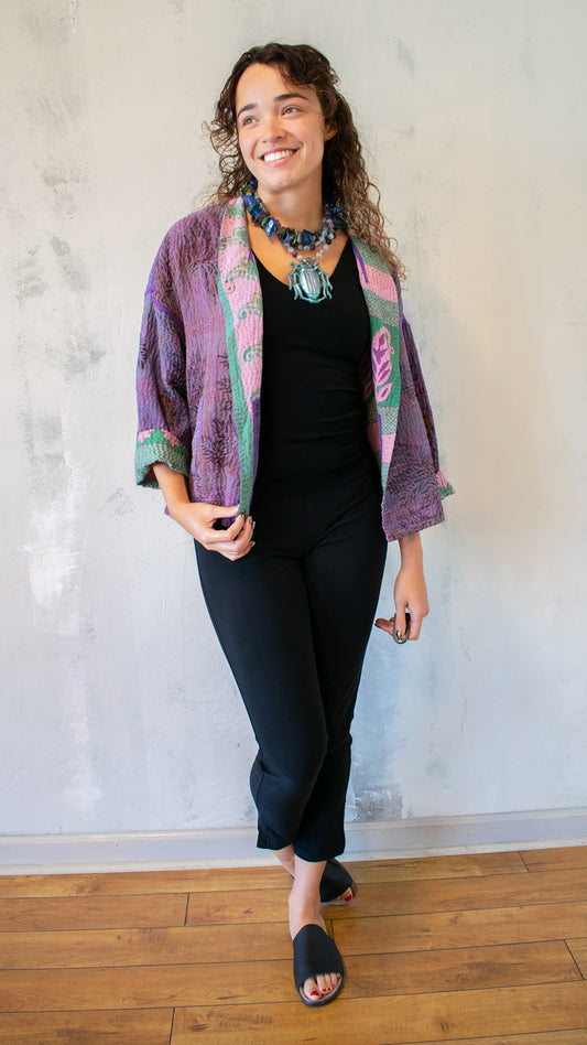 GC4034-0001A VINTAGE SILK GEORGETTE COTTON KANTHA STAND COLLAR CROPPED JACKET