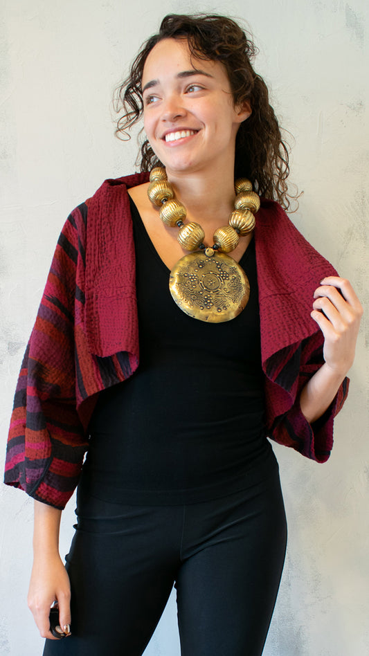 OV-SB4062-CREDA STRIPE AND BENDS KANTHA PUFF SLV. SHRUG