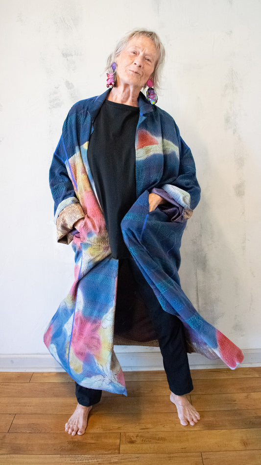 SG2326-0002A VINTAGE SILK GEORGETTE KANTHA OVERSIZED COAT