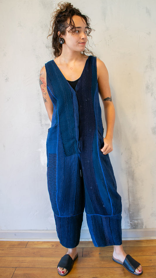 CS4658-CNVYS COTTON STRIPE PATCH KANTHA SHAPED V-NECK JUMPER