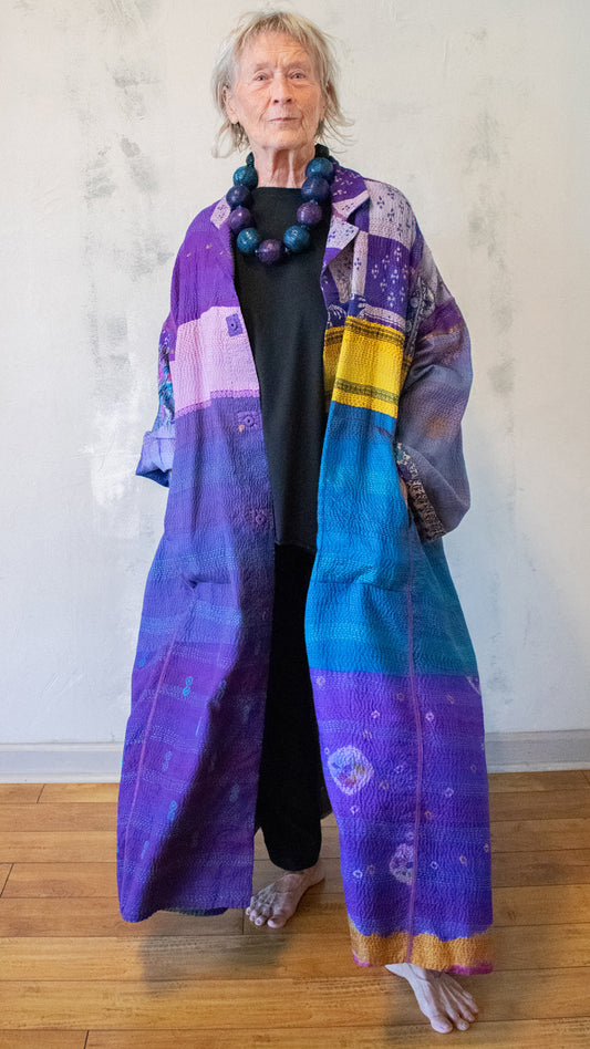 VINTAGE SILK GEORGETTE  KANTHA NEW OVERSIZED COAT