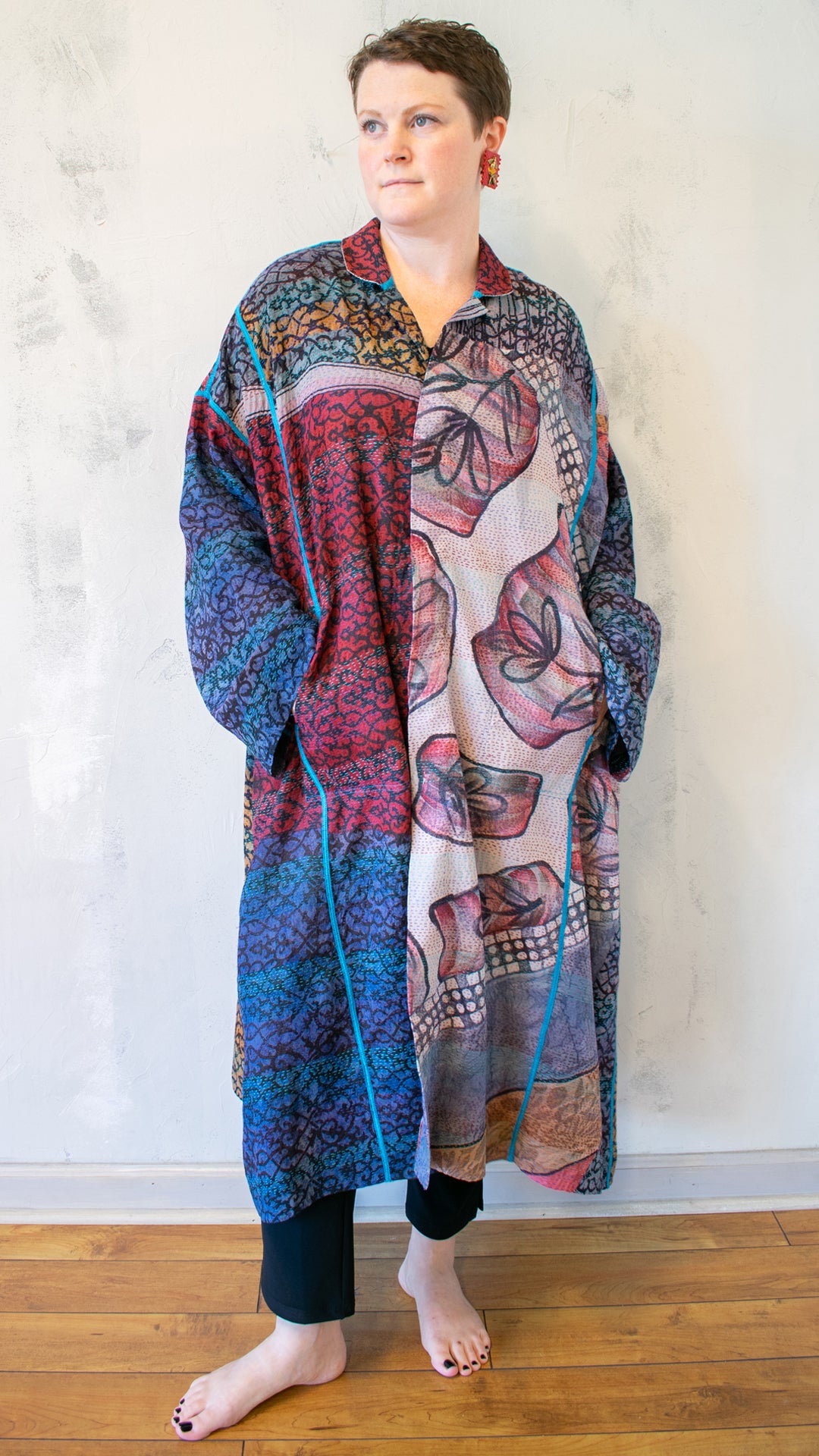 SG2342-0007A VINATGE SILK GEORGETTE  KANTHA NEW OVERSIZED COAT