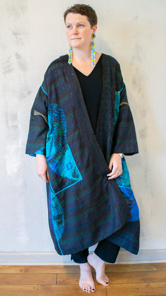 TD2328-CBLUA TIE DYE CIRCLE SHIBORI KANTHA LONG DUSTER
