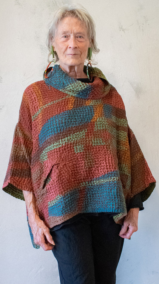 BW3061-CREDA ABSTRACT WAFFLE KANTHA COWL NECK PONCHO