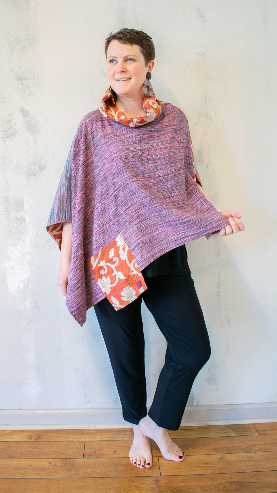 CV2842-CMLTA VINTAGE COTTON KANTHA COWL NECK LONG CAPE