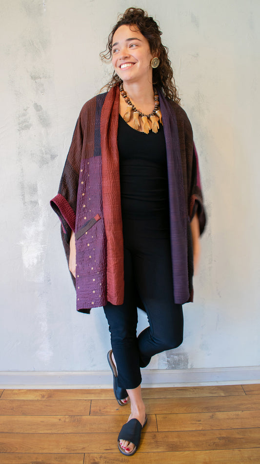 JP4323-CBRNA JAIPUR PATCH KANTHA DOUBLE COLLAR PONCHO