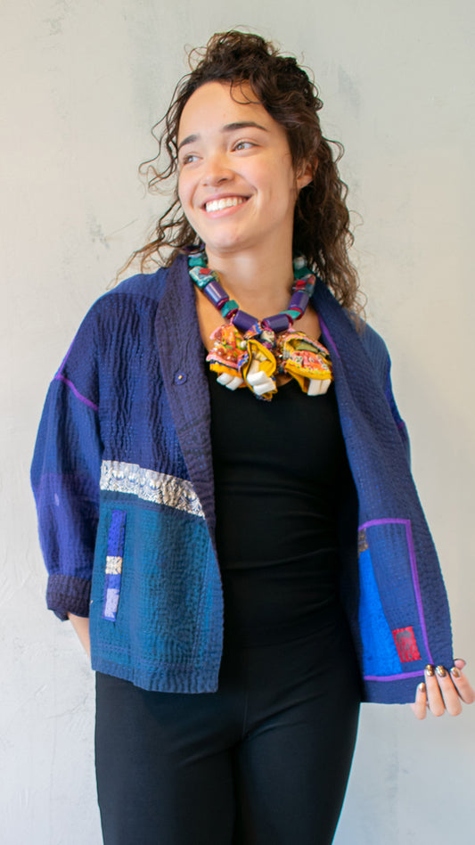 COTTON SILK SW PATCH KANTHA STAND COLLAR CROPPED JKT