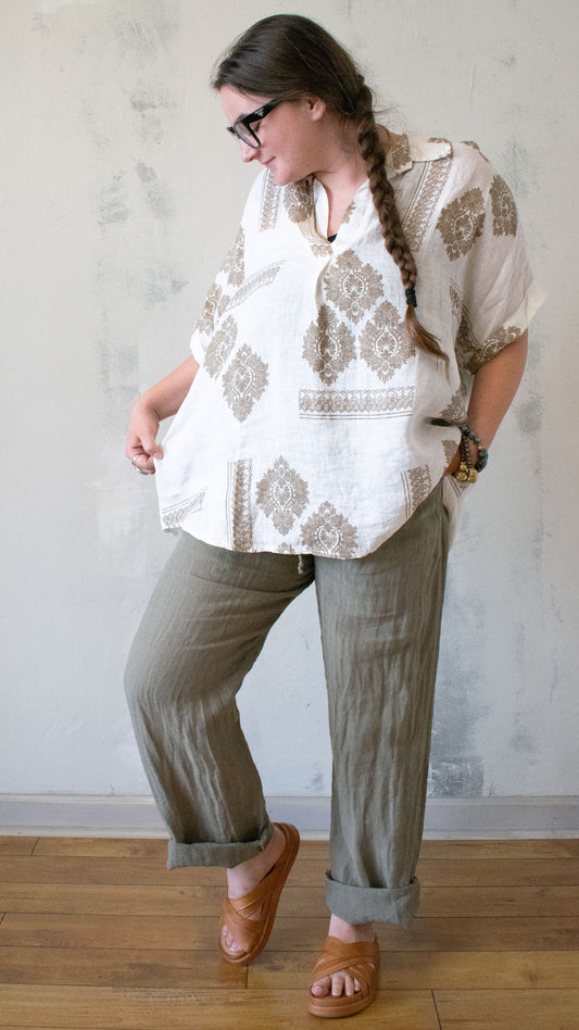 Damask Print Linen Shirt