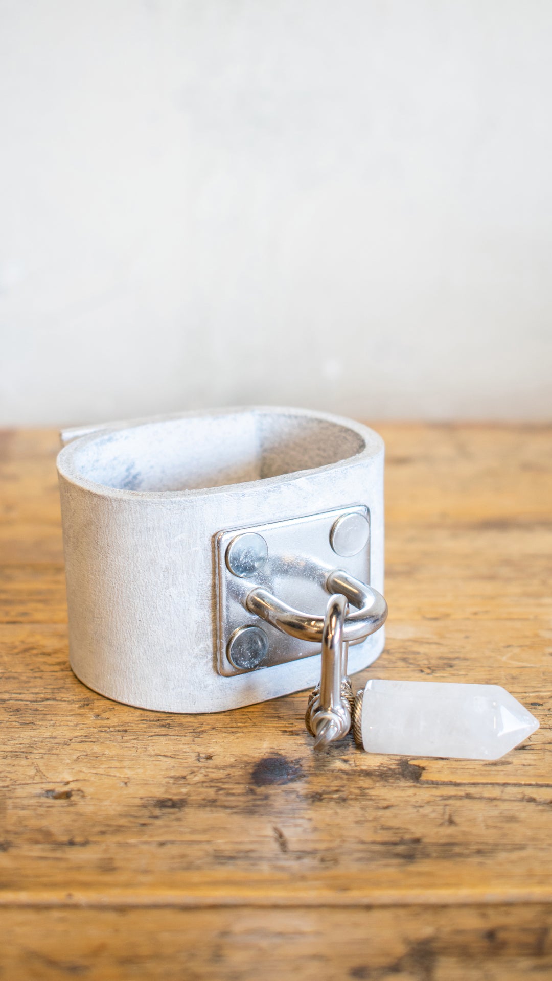 Rustic White Leather Facet Crystal Cuff