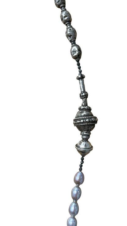 Freshwater Pearl and Silver Trade Bead Necklace