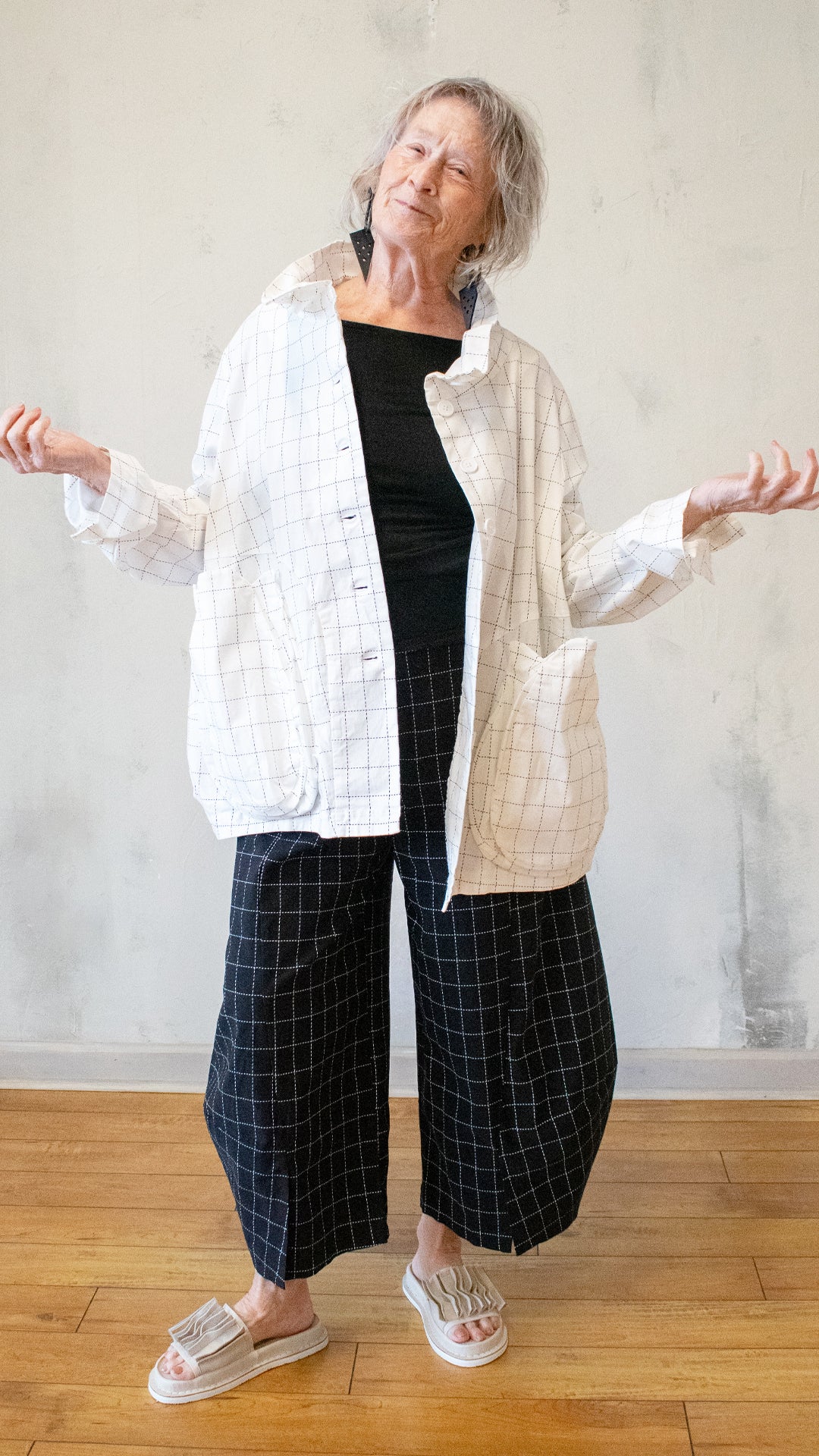 High Neck Check Jacket in White