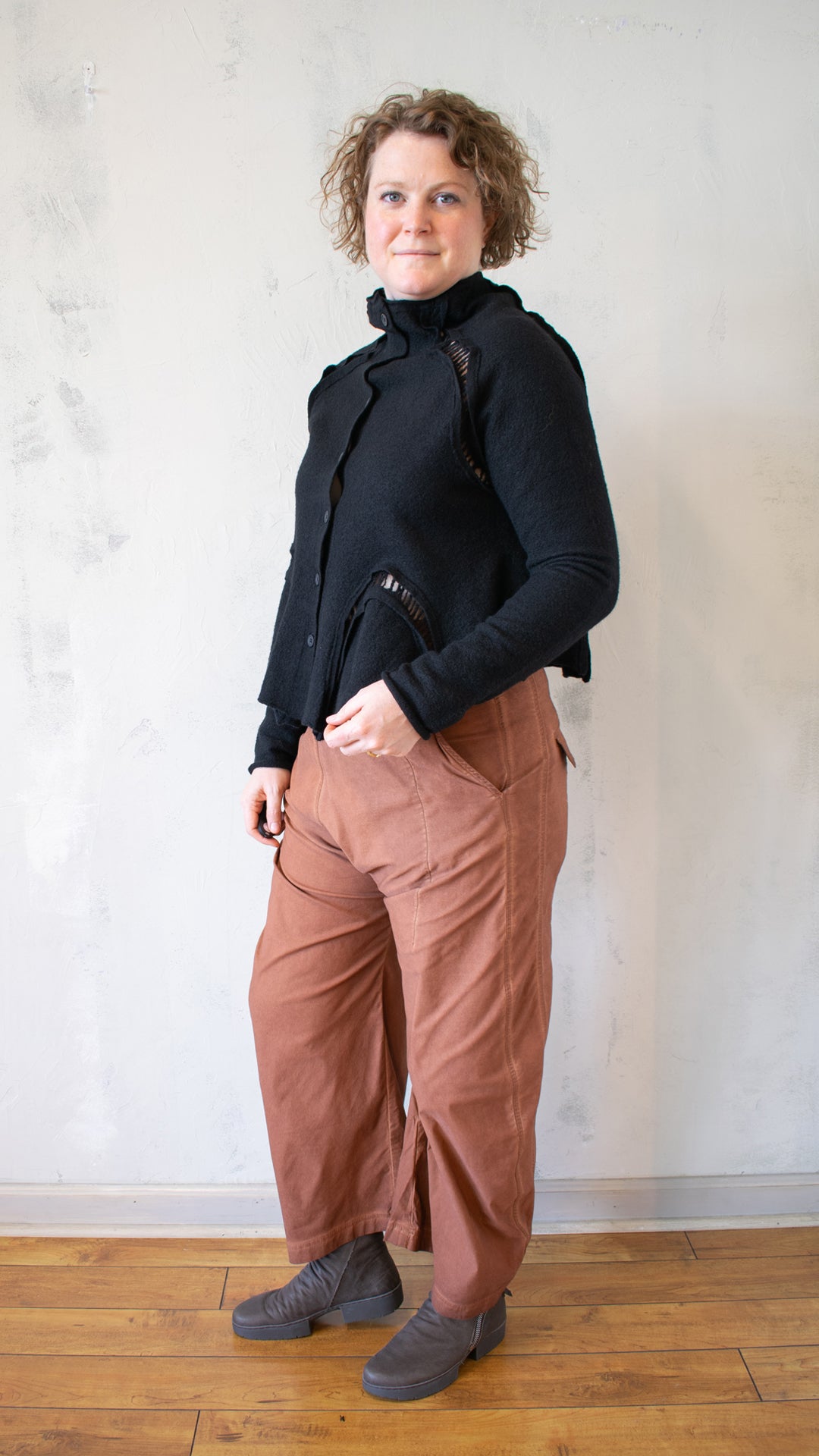 Boiled Wool Cropped Cardigan in Black