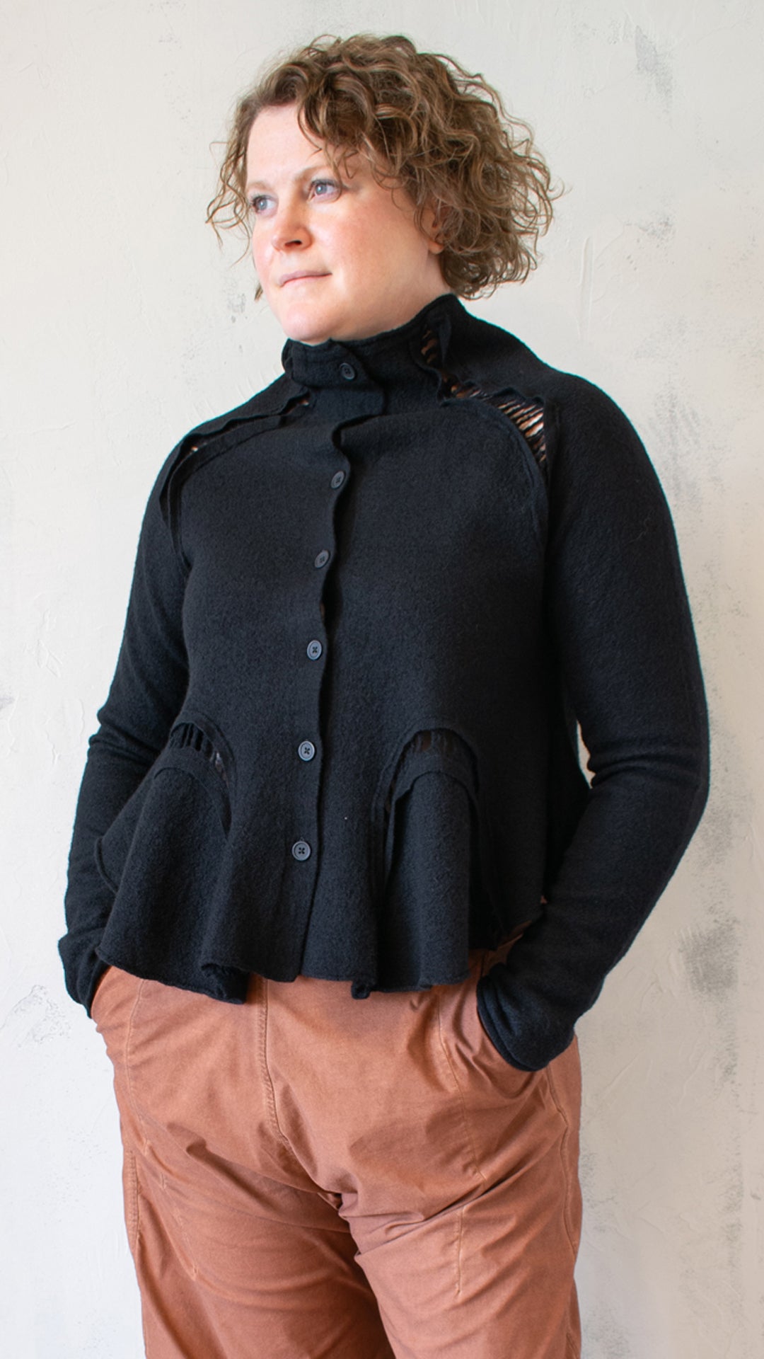 Boiled Wool Cropped Cardigan in Black