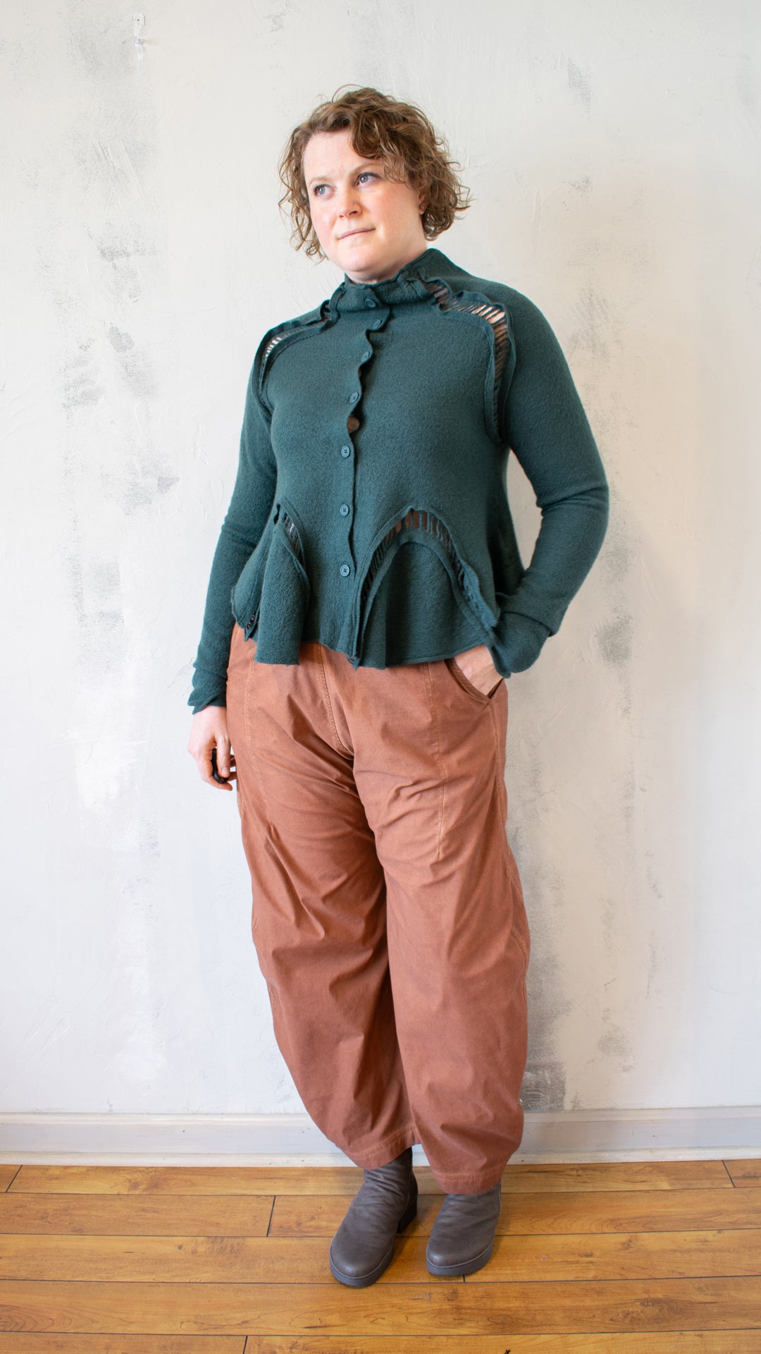 Boiled Wool Cropped Cardigan in Forest
