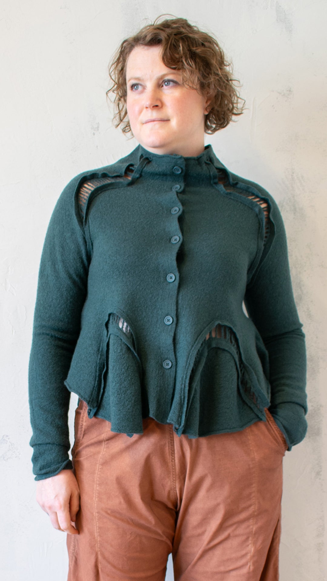 Boiled Wool Cropped Cardigan in Forest