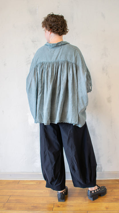 Gathered Sleeve Button Up in Seaweed Fog