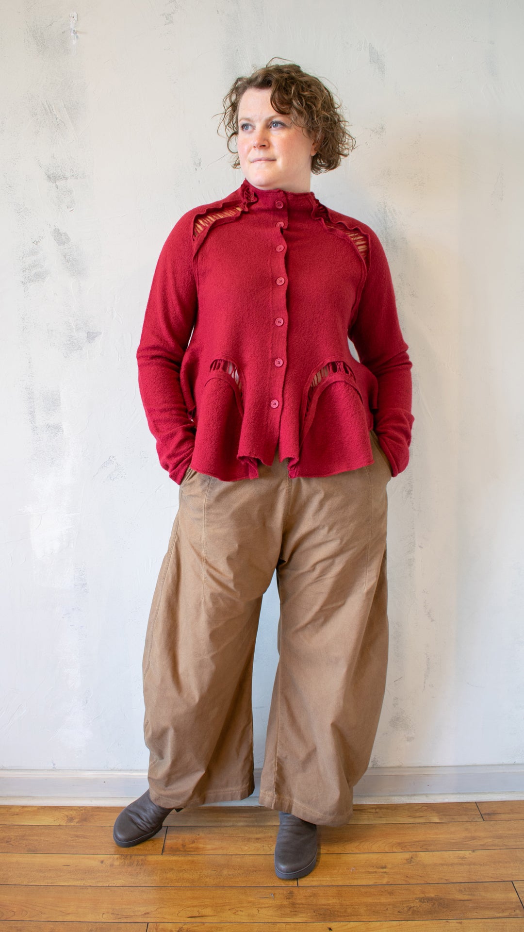 Boiled Wool Cropped Cardigan in Lava