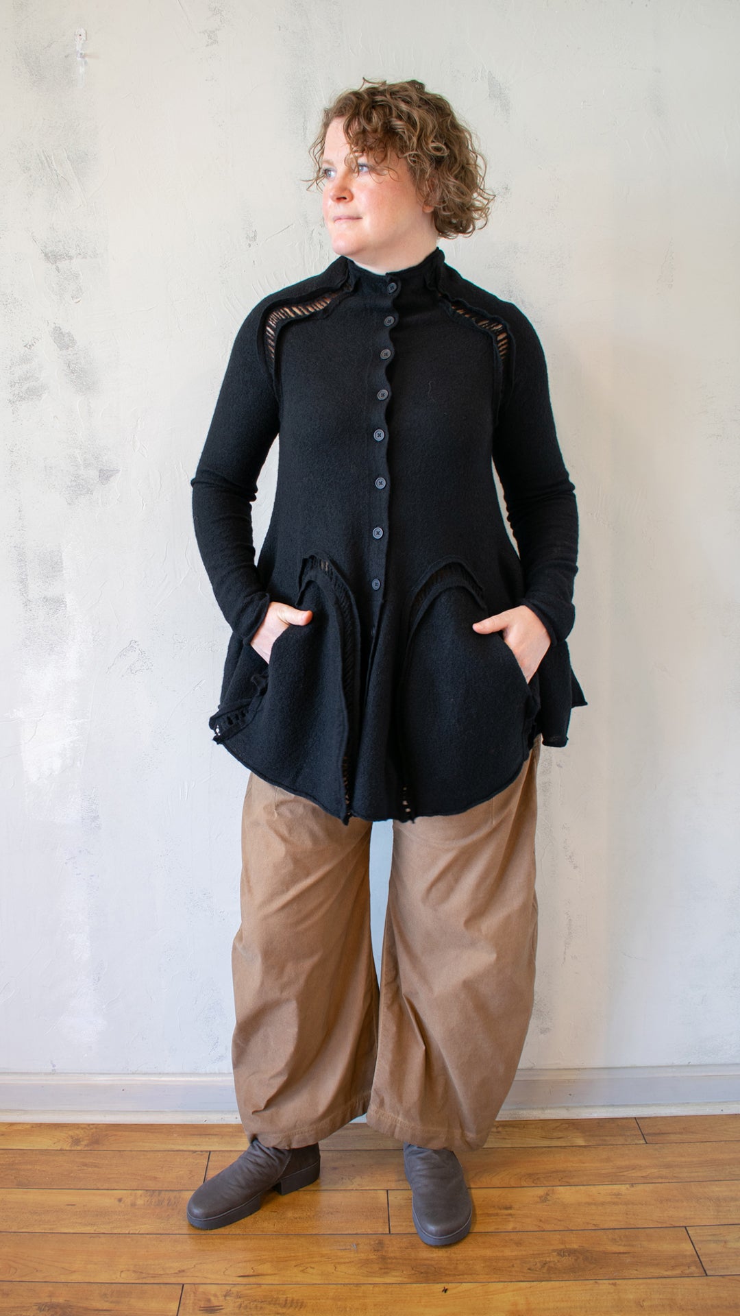 Boiled Wool Peplum Tunic in Black