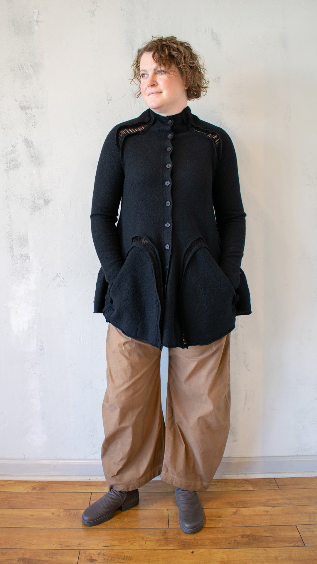 Boiled Wool Peplum Tunic in Black