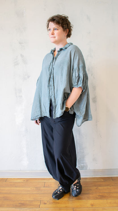 Gathered Sleeve Button Up in Seaweed Fog