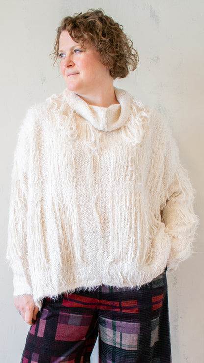 Fringed Funnel Neck Sweater in Ivory