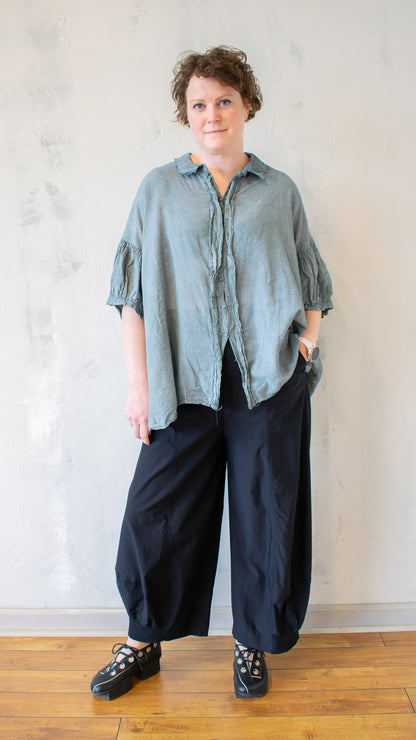 Gathered Sleeve Button Up in Seaweed Fog
