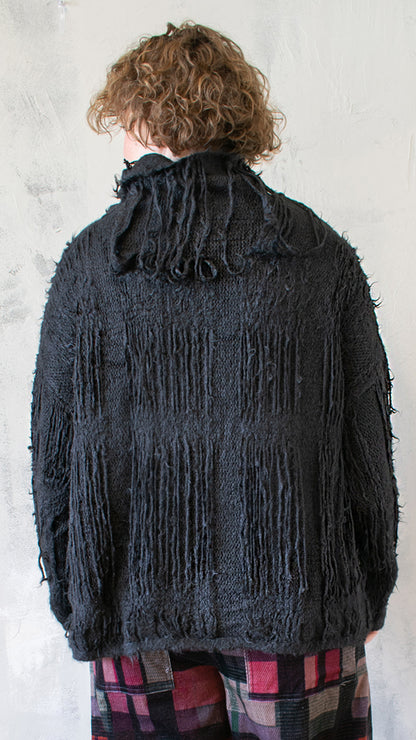 Fringed Funnel Neck Sweater in Black