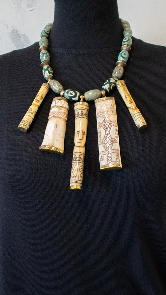 Vintage Carved Bone and Agate Necklace