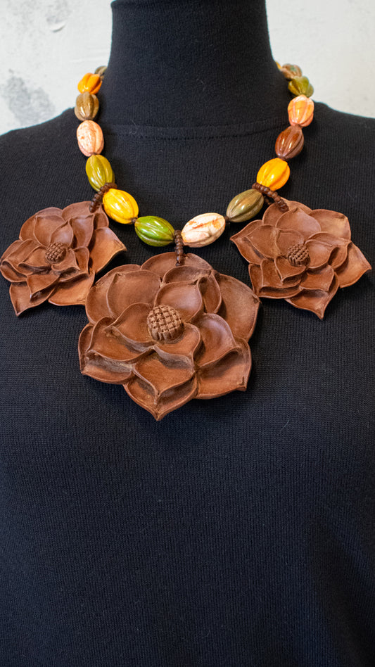 Three Wooden Flower Necklace