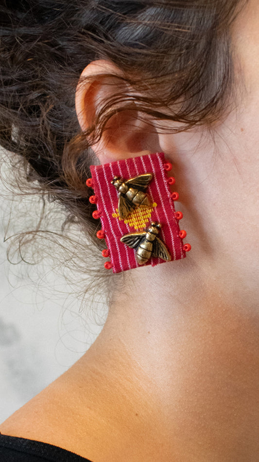 Textile and Vintage Bees Clip On Earrings