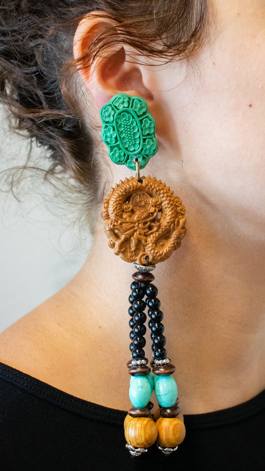 Wood and Beaded Dangle Clip Ons