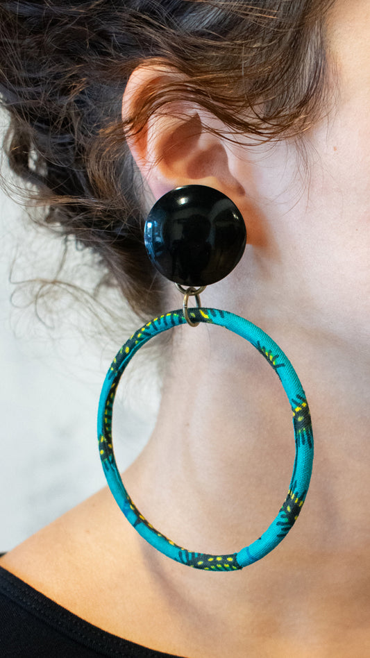 Teal and Black African Textile Clip On Hoops