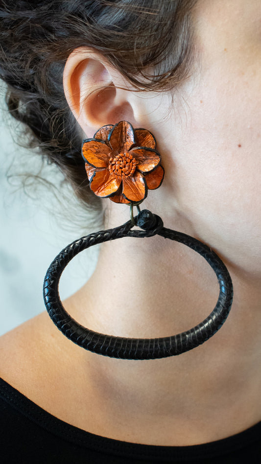 Leather Hoops with Java Flowers Clip Ons