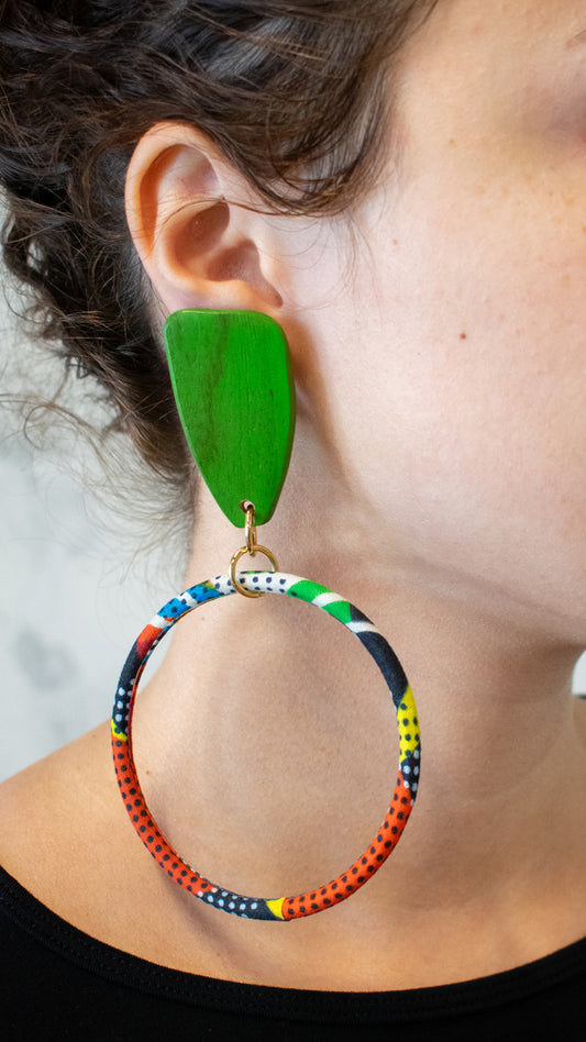 Green African Textile Clip On Hoops