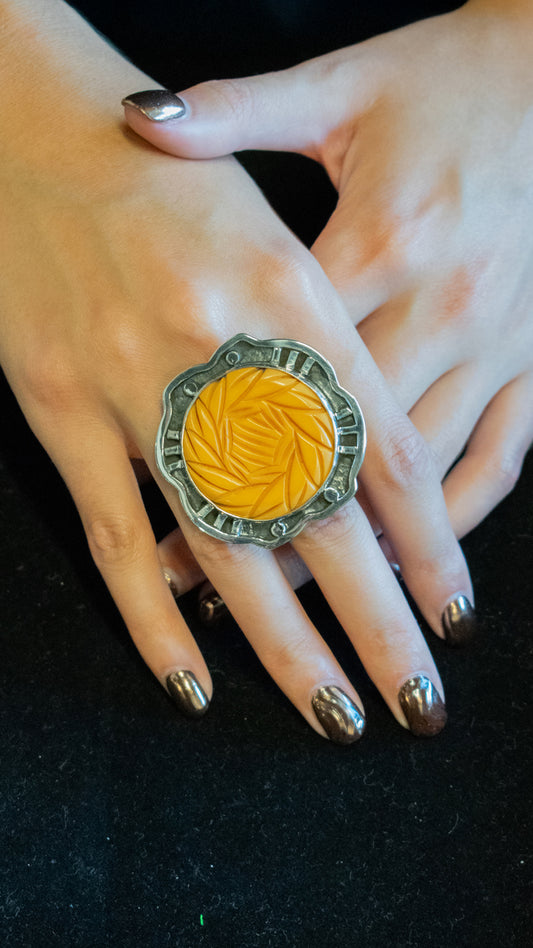 Carved Yellow Bakelite Ring