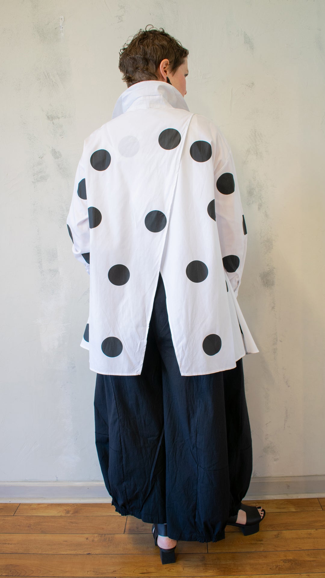 Polka Dot Crossover Button-Up in White
