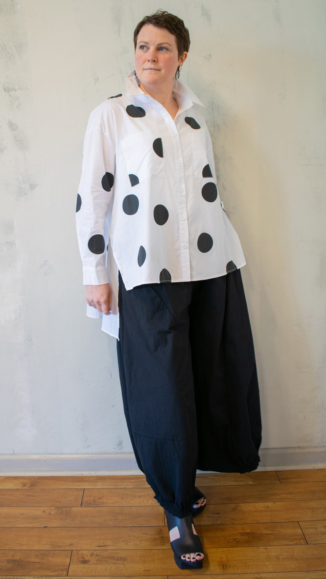 Polka Dot Crossover Button-Up in White