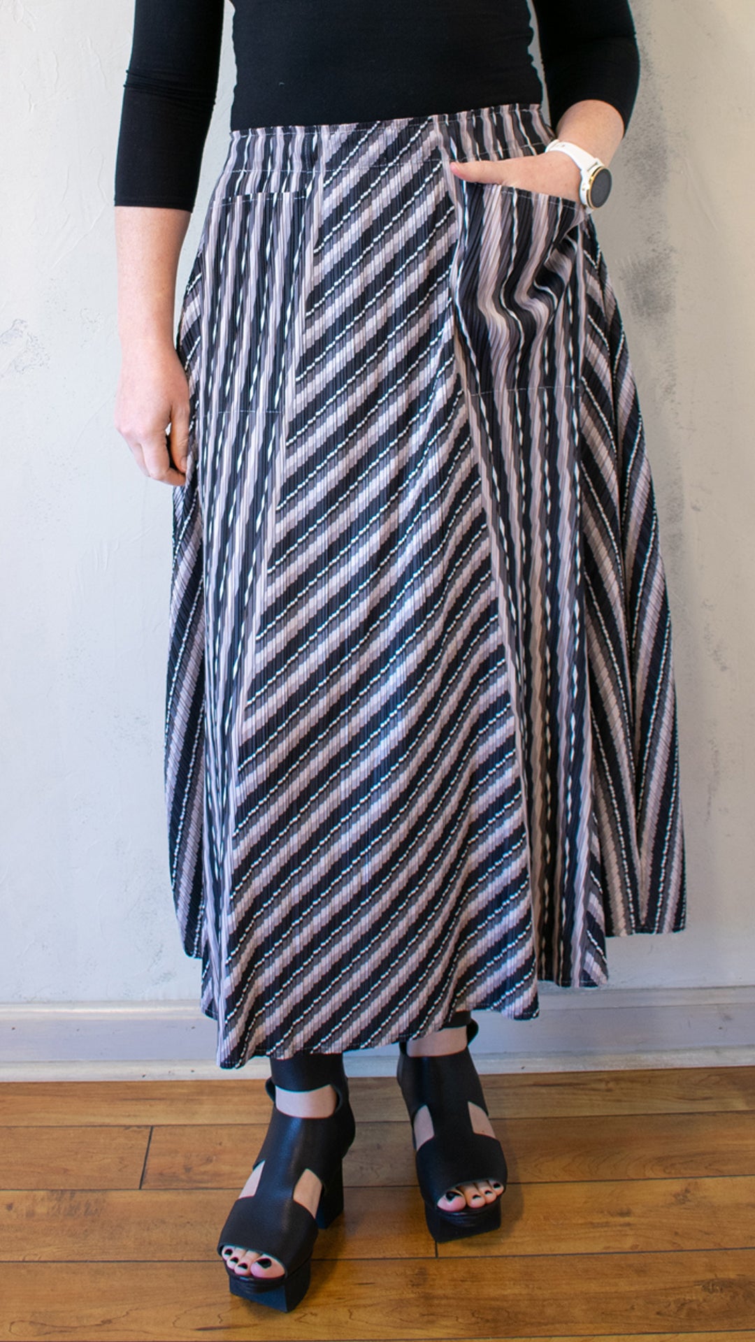 Permanent Pleat Black and Grey A-Line Skirt