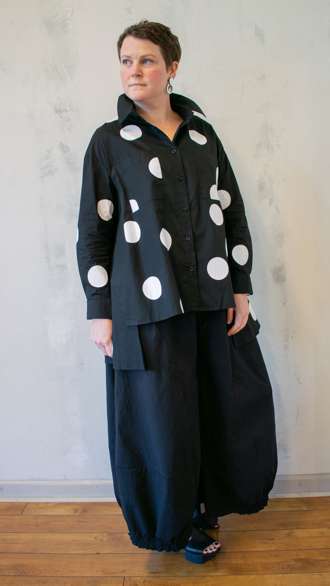 Polka Dot Crossover Button-Up in Black