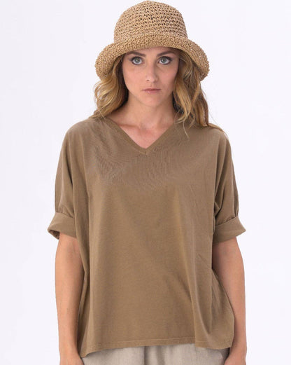 V-neck Cuffed Short Sleeve Top